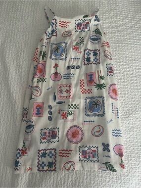 Printed White Cotton-Blend Summer Dress with Multicolor Motif